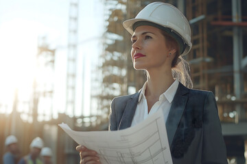 A female architect in formal attire and hard hat looks confidently over a construction site, assessing project development