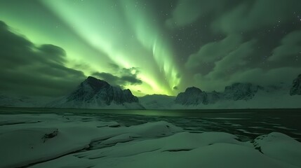 Naklejka premium Aurora Borealis, Lofoten islands, Norway. Nothen light, mountains and frozen ocean. Winter landscape at the night time. 