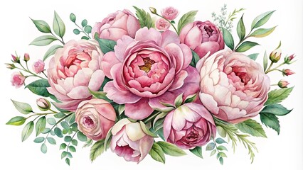 A delicate watercolor floral arrangement featuring lush pink peonies and buds, complemented by vibrant green foliage, creating a captivating display of natural beauty.