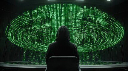 A hooded figure sits before a large screen displaying a matrix of green code.