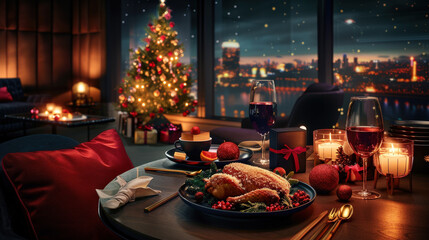beautifully arranged Christmas dinner table featuring roasted chicken, festive decorations, and elegant glassware. cozy atmosphere is enhanced by decorated Christmas tree and city lights in
