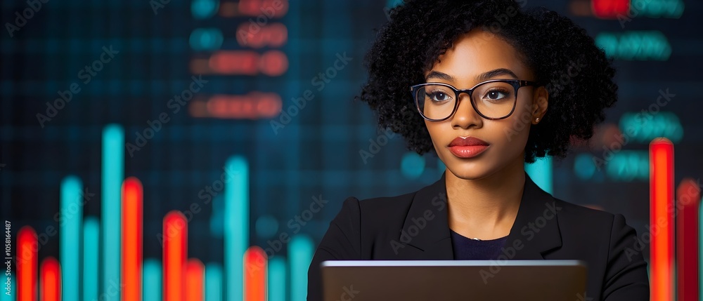Leinwandbilder focused businesswoman reviewing multiple investment portfolios and financial accounts on laptop comp