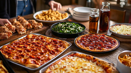 Obraz premium A delicious spread of pizza, sides, and drinks at a casual dining table with friends