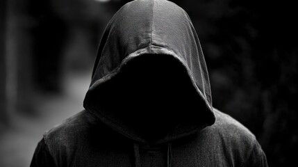 A hooded figure standing in the shadows, their face hidden from view.