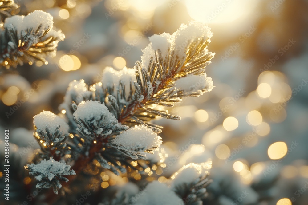 Poster snow dusted pine cone with golden sunlight creating a cozy festive holiday atmosphere with warm boke