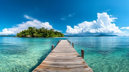 Naklejka premium Beautiful tropical landscape background, concept for summer travel and vacation. Wooden pier to an island in ocean against blue sky with white clouds, panoramic view. 