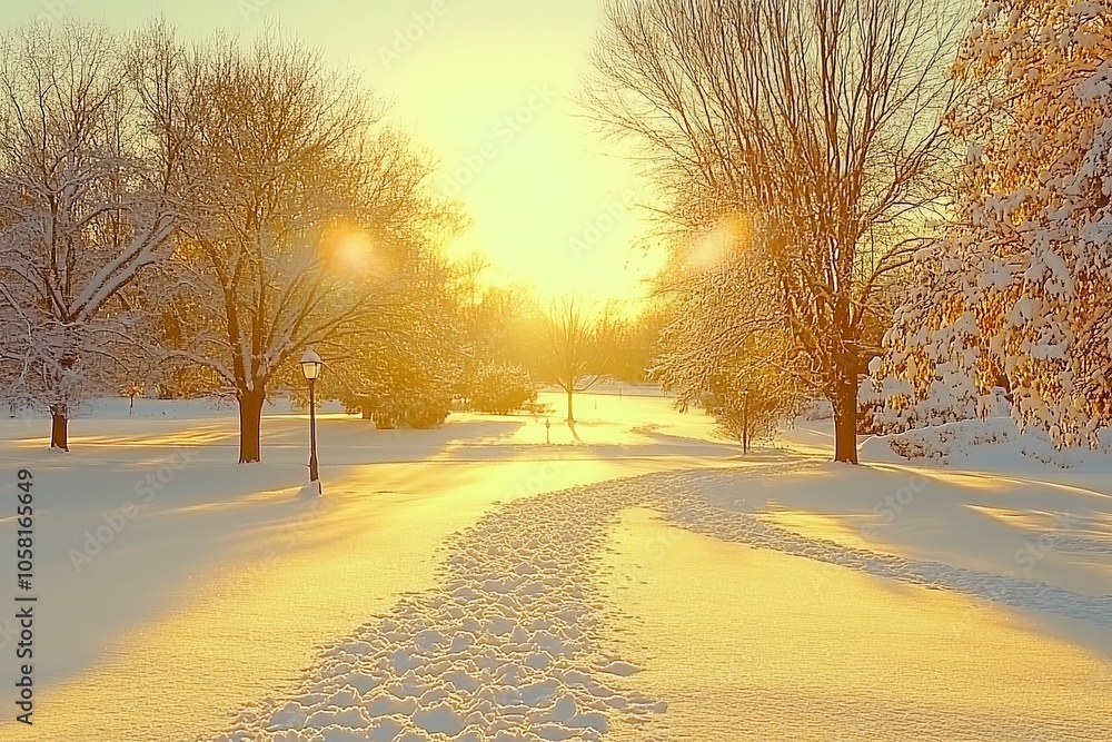 Aufkleber snow covered trees illuminated by warm golden light creating a serene winter scene with soft shadows