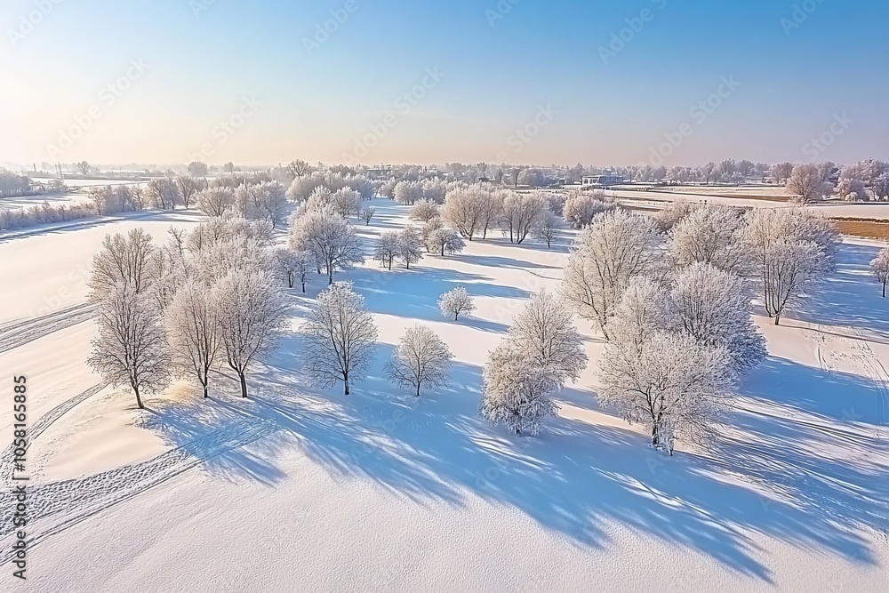 Poster snow covered field with scattered frosty trees under bright sunlight creating a calm and peaceful wi