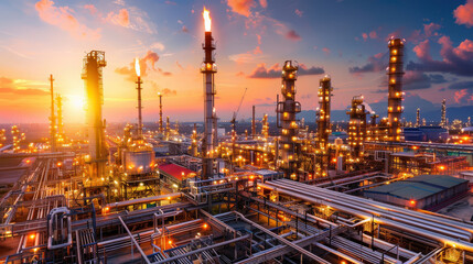 stunning view of oil refinery at sunset, showcasing towering flare stacks releasing flames amidst network of pipes and industrial structures. vibrant colors of sky enhance dramatic atmosphere