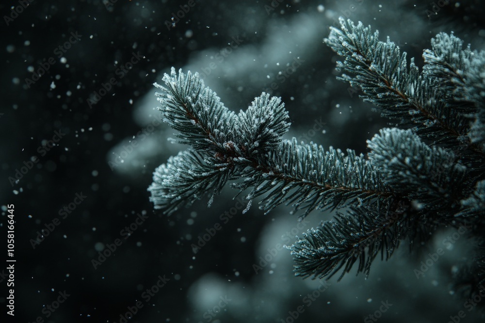 Poster snow dusted pine branch in deep shadows creating a quiet dark winter scene with a mysterious peacefu