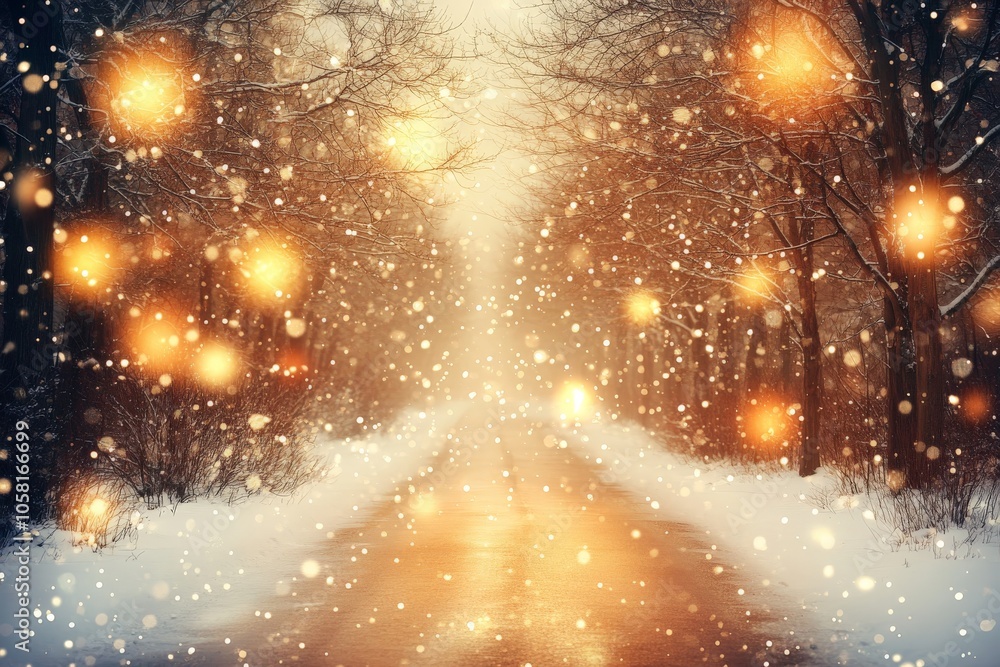 Poster winter park path with glowing bokeh lights creating a magical and warm atmosphere in a snowy festive