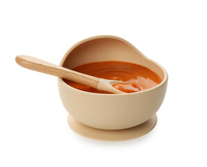 Delicious baby food in bowl and spoon isolated on white