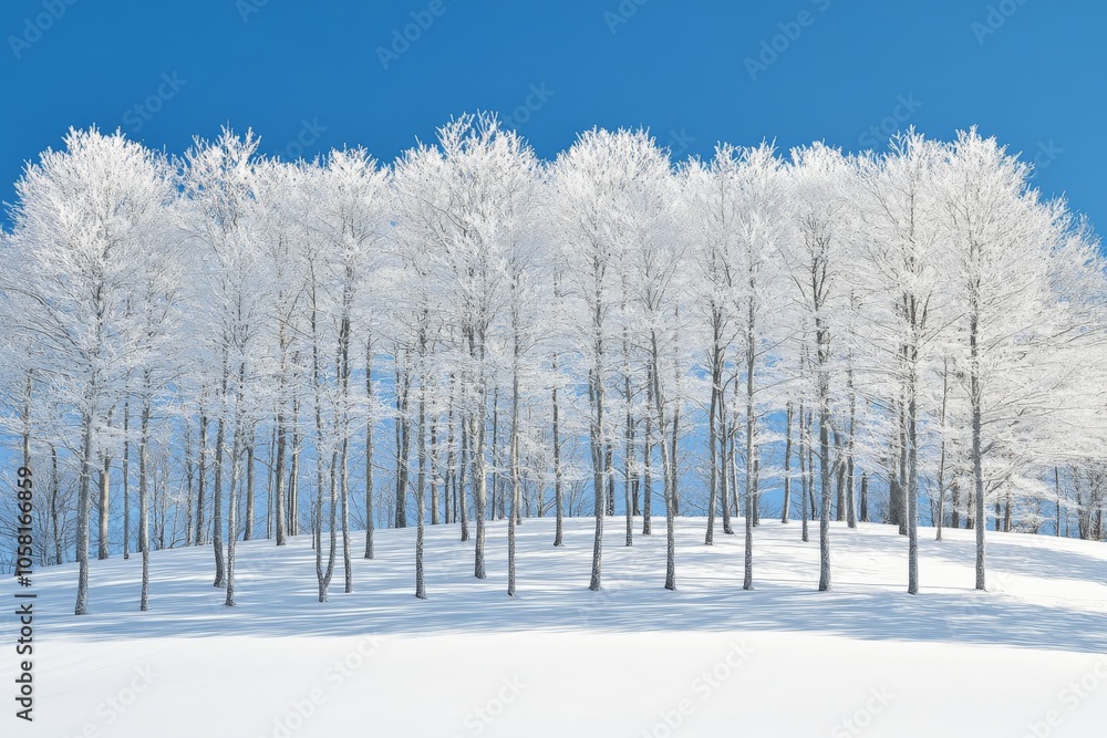 Poster frost covered trees in a row on a snowy field under a bright blue sky capturing the calm and orderly