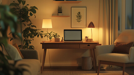 A relaxing working place in a cozy living room with a laptop on a wooden desk at night