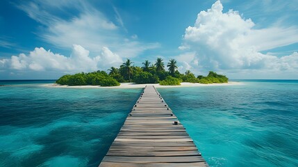 Naklejka premium Beautiful tropical landscape background, concept for summer travel and vacation. Wooden pier to an island in ocean against blue sky with white clouds, panoramic view. 