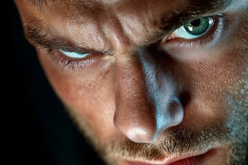 Intense close-up of a detective's face with serious expression as they question a suspect, capturing the intense psychological aspect of interrogation, symbolizing focus and control