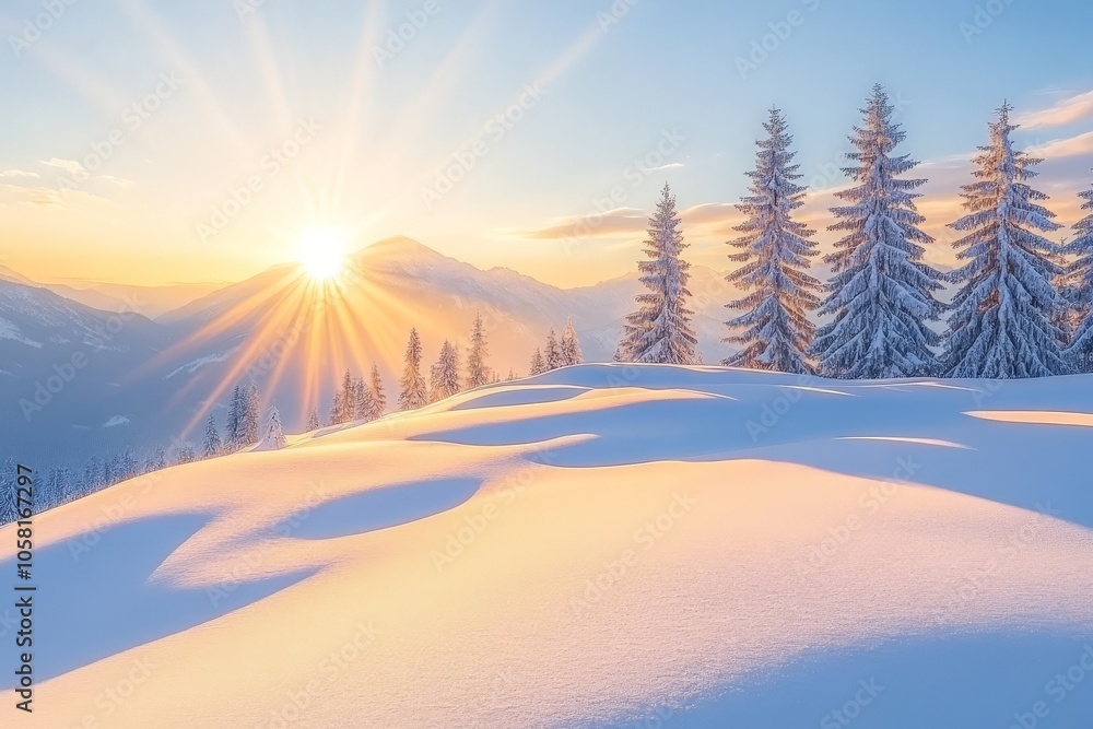 Poster sunlight casting shadows over a snowy field surrounded by pine trees capturing the peaceful and warm
