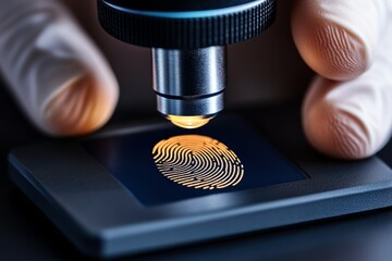 Magnified fingerprint under a microscope in a forensic lab, capturing the extreme detail and scientific approach to identity analysis, symbolizing focus and meticulousness