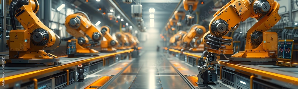 Aufkleber a bustling industrial scene showcasing advanced robotic arms working collaboratively on an assembly 