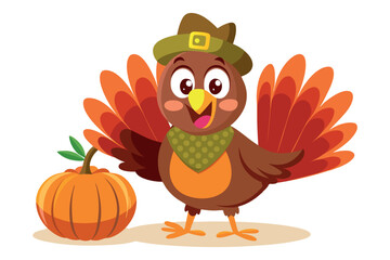 Cartoon turkey with vibrant orange feathers and pumpkin, for Thanksgiving designs, kids' illustrations, greeting cards, festive banners.