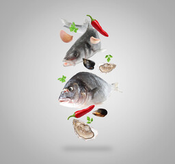 Different sea food in air on light grey background