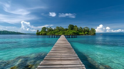 Naklejka premium Beautiful tropical landscape background, concept for summer travel and vacation. Wooden pier to an island in ocean against blue sky with white clouds, panoramic view. 
