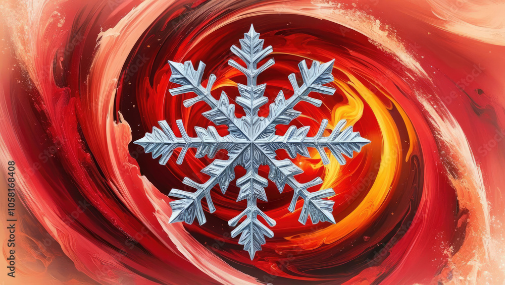 Poster a striking ice snowflake design set against a fiery abstract background.