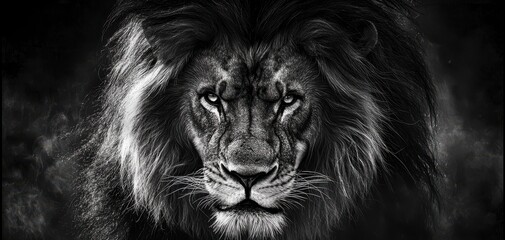 Majestic lion with a powerful gaze, black and white portrait.