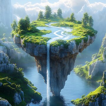 A floating island with a waterfall, surrounded by mountains and clouds, with a river flowing through the island.