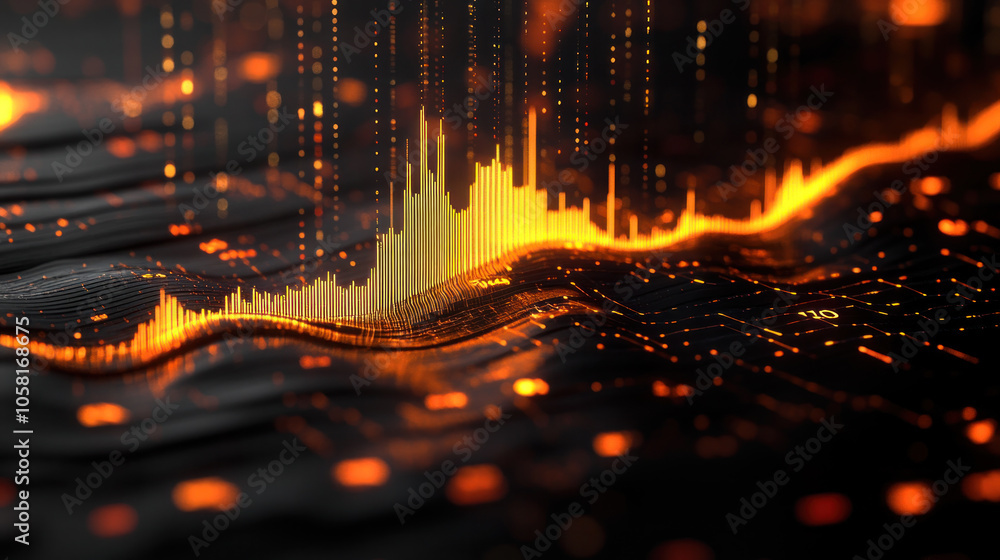 Poster a computer generated image of a wave of orange lines. the image has a futuristic and abstract feel t