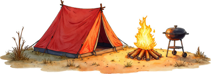 Watercolor illustration of a cozy campsite with a tent, campfire, and grill © Сергей Тарасюк