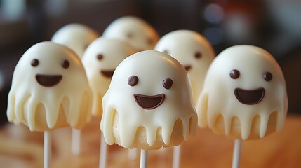 White Chocolate Ghost Cake Pops with Chocolate Smiles