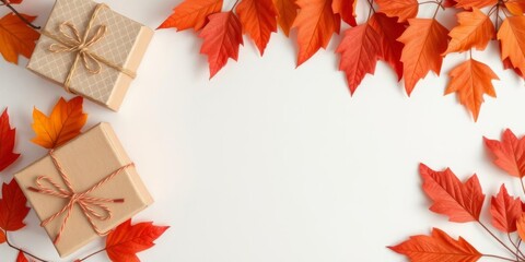 Obraz premium Autumn-themed handmade paper gift box with fall leaves on orange background, paper, handmade, decor