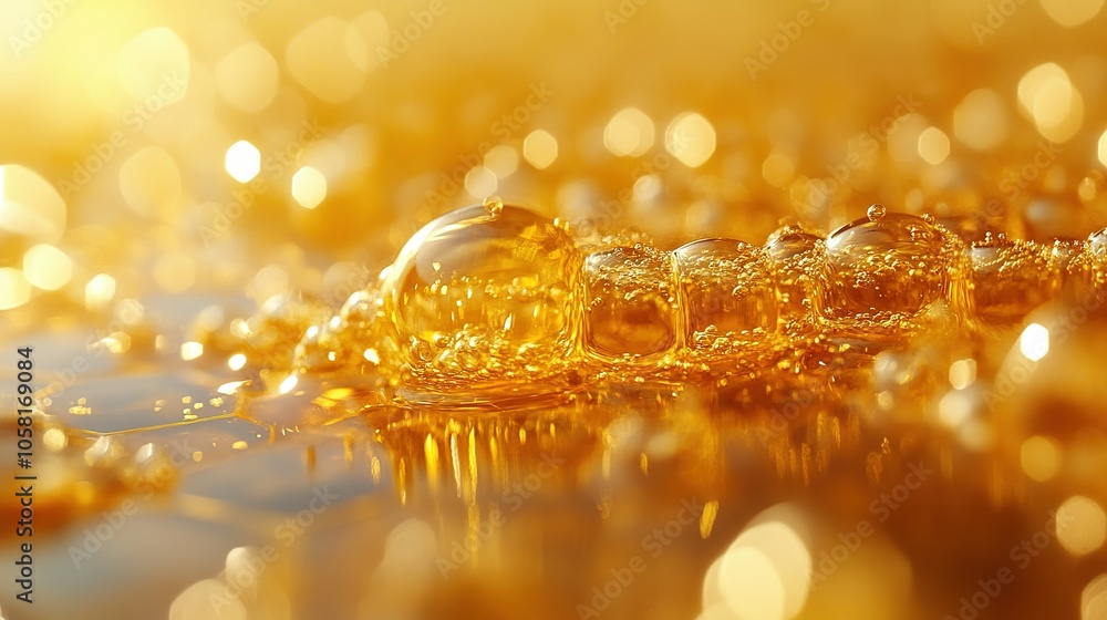 Poster close-up of golden bubbles in a liquid with bokeh background