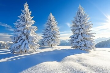 Fototapeta premium Sunlit snow covered trees standing in a winter landscape with vibrant blue skies enhancing the contrast of frosty branches and the bright white snow on a clear day