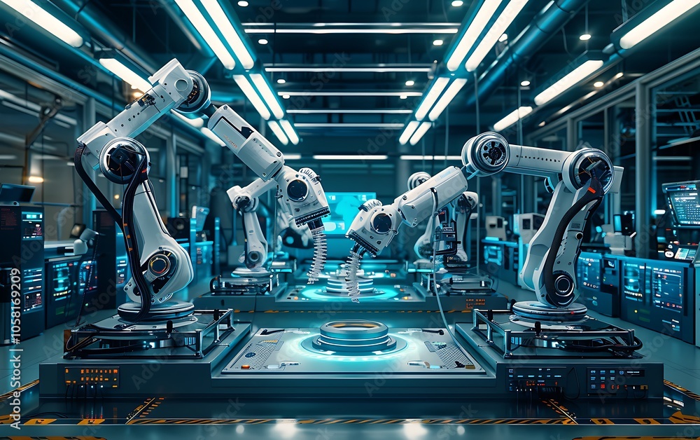 Leinwandbilder a futuristic manufacturing facility with robotic arms efficiently working on assembly lines, showcas