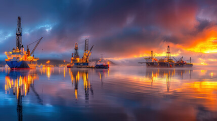 Fototapeta premium Offshore oil rigs illuminated by sunrise reflect on calm waters, creating serene and vibrant scene. tranquil sea contrasts with industrial structures, evoking sense of peace and productivity