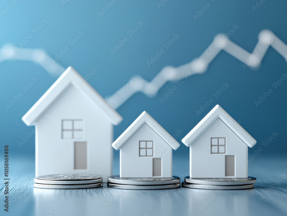 Aufkleber three white houses are stacked on top of each other with coins on the bottom. the coins are arranged