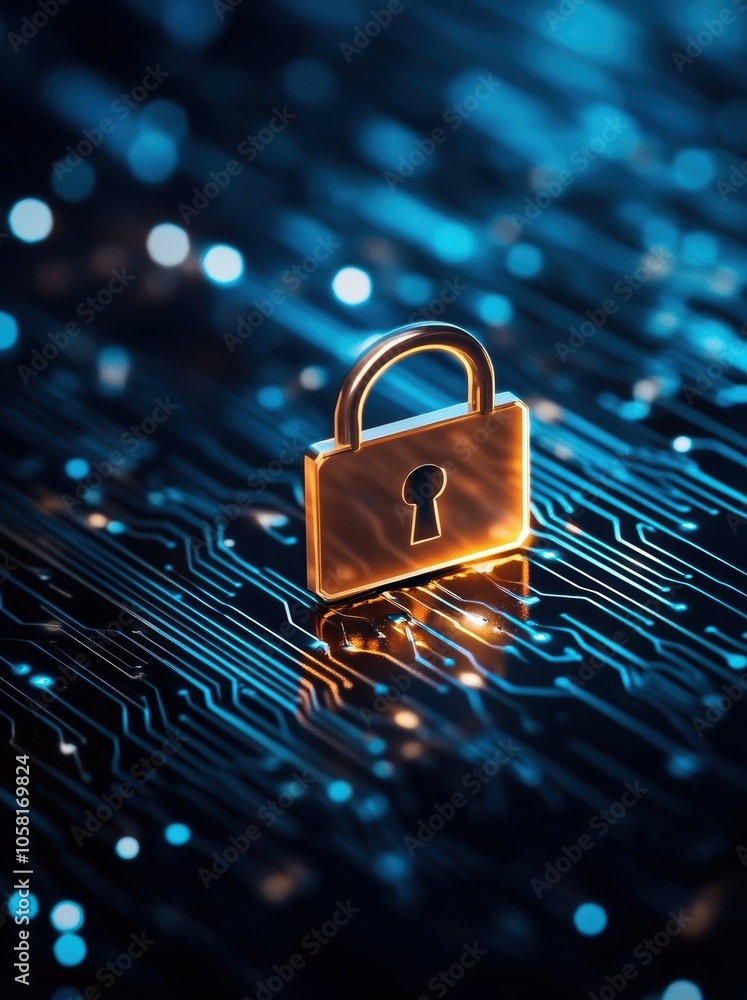 Poster this image illustrates a golden padlock nestled on a vibrant circuit board backdrop, symbolizing dig