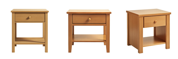 A simple, square bedside table with a single drawer and a lower shelf, isolated on a transparent background