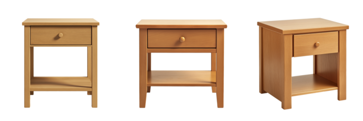 A simple, square bedside table with a single drawer and a lower shelf, isolated on a transparent background