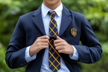 Student wearing a traditional school uniform with emblem and tie, symbolizing unity and pride in educational institutions, capturing youth and order
