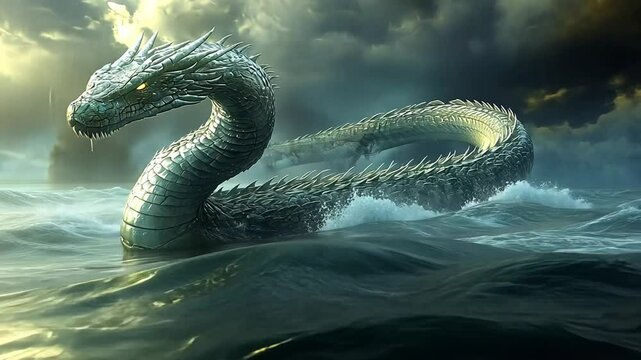 A majestic dragon emerges from turbulent waters under a dramatic sky footage