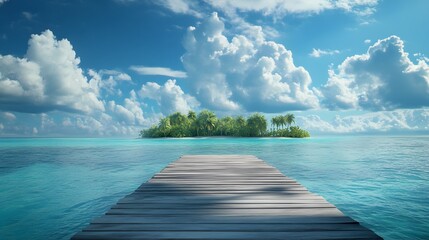 Naklejka premium Beautiful tropical landscape background, concept for summer travel and vacation. Wooden pier to an island in ocean against blue sky with white clouds, panoramic view. 