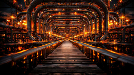 stunning view of pathway between massive oil tanks at refinery, illuminated by glowing lights. intricate network of pipes creates captivating industrial scene