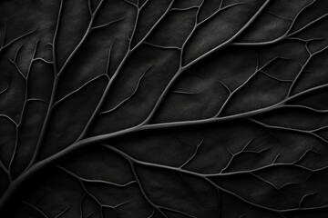Fototapeta premium A stunning close-up of a black leaf, showcasing intricate vein patterns against a textured background that highlights nature's artistry in a striking monochromatic palette.