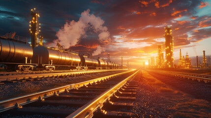 stunning sunset illuminates pathway between massive oil tanks at refinery, with train cars lined along tracks. vibrant colors create dramatic atmosphere