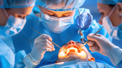 pediatric dentist examines childs teeth with help of assistants, ensuring thorough check up in bright, clinical environment. focus is on dental care and patient comfort