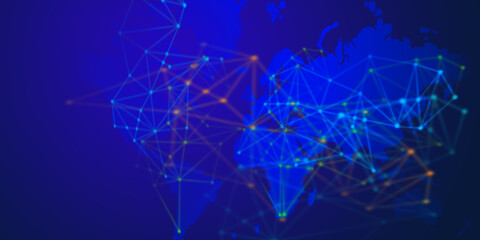 Obraz premium Blurred blue background. Glowing lines abstract technology network symbol with world globe map. Modern and sophisticated color background for presentations, banners, posters and social media.