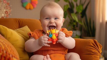 Playful baby with new teeth, joyfully chewing on colorful toy while sitting on cozy orange sofa. bright atmosphere enhances cheerful expression